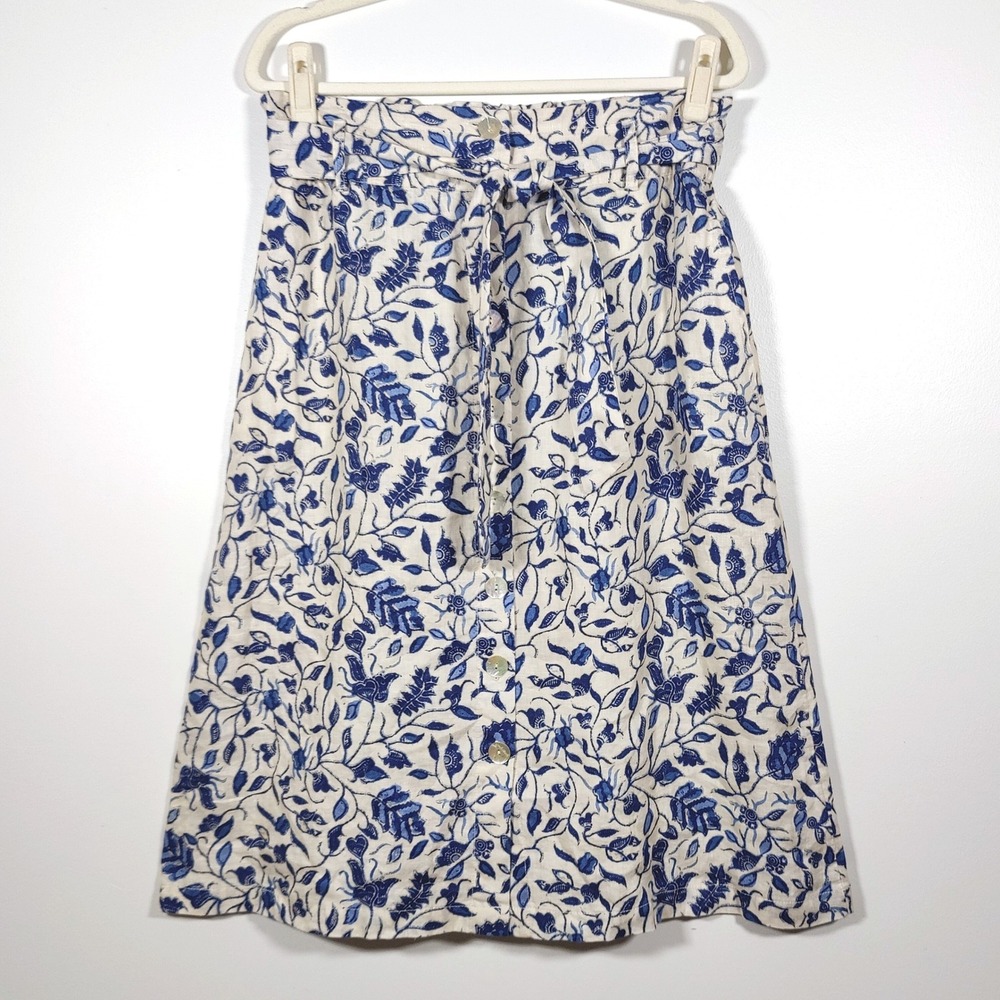 Rachel Zoe 100% Linen Blue Floral Button Front Midi Skirt M Coastal Belted